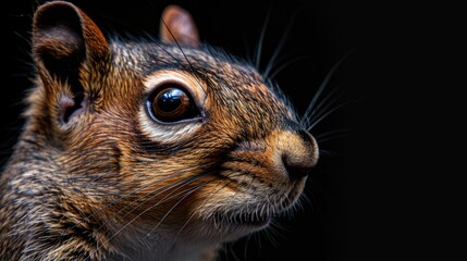 Close-up of squirrel's face with black background