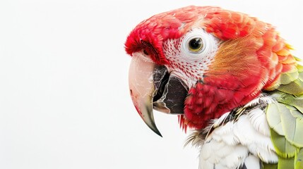 Fototapeta premium Parrot with colorful feathers in profile view against white background.