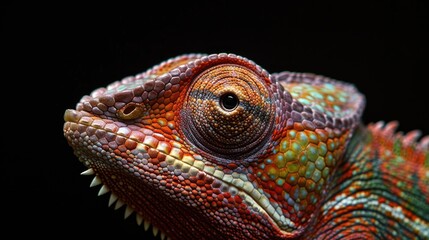 Fototapeta premium Colorful chameleon close-up showcasing vibrant textures against black background.