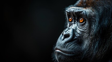 Obraz premium Close-up portrait of a gorilla against dark backdrop.