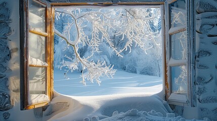 Windows in the snow, open Window. Generative AI.