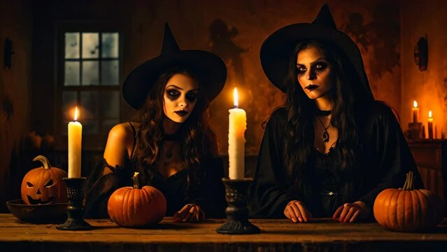 Two witches in dark costumes and hats sit at a table surrounded by glowing candles and pumpkins preparing a potion or casting a spell in a dimly lit, eerie room