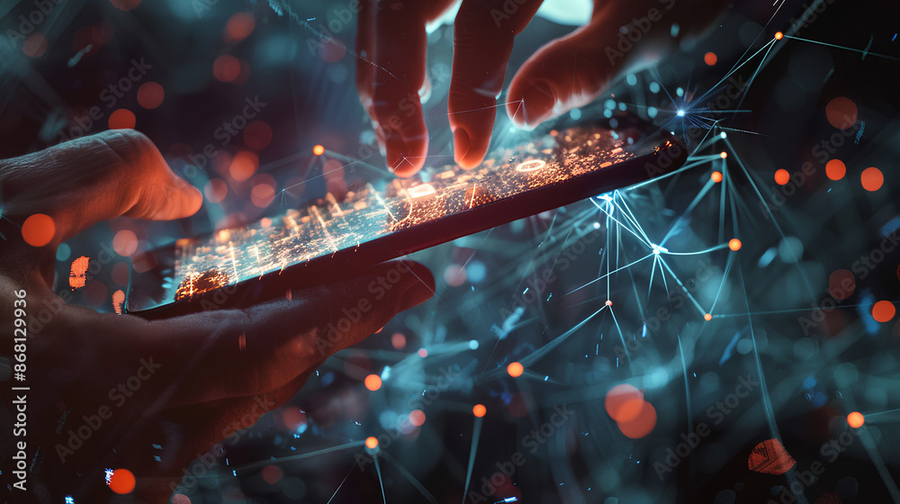 Poster hand using smartphone with digital technology data communication network and telecommunication conce