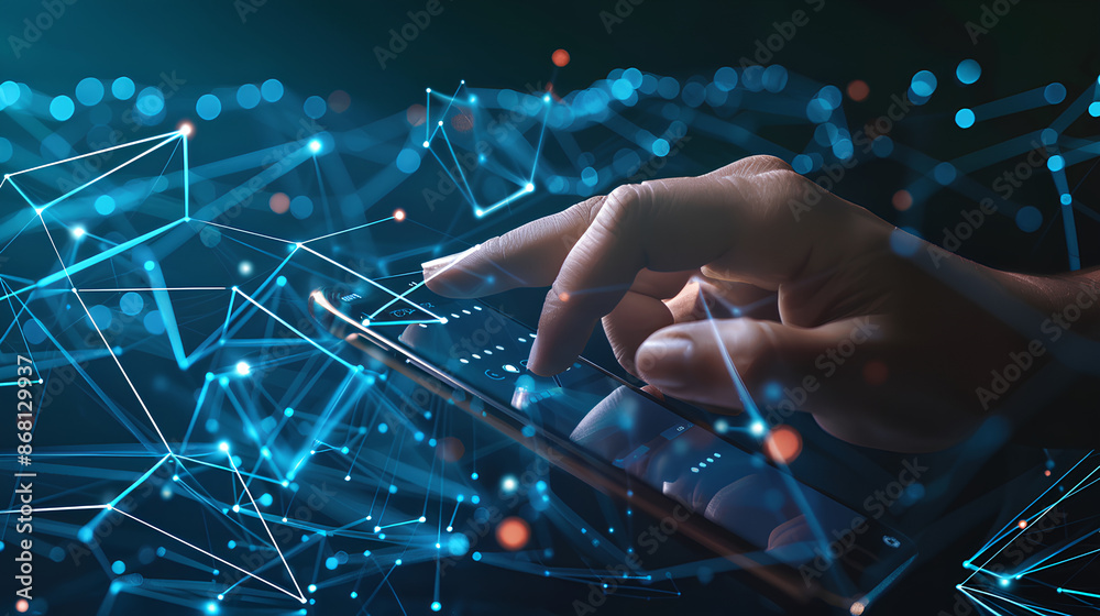 Poster hand using smartphone with digital technology data communication network and telecommunication conce