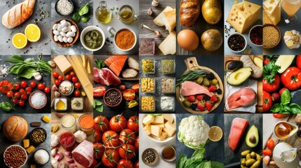 Food collection delicious various types ready to eat fresh products background wallpaper AI generated image