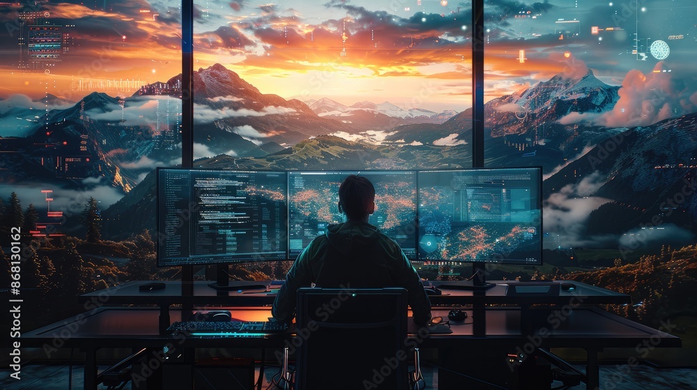 Leinwandbilder Rear view. A software developer, working at his computer coding software surrounded by a beautiful hyperrealistic landscape. Generative AI.
