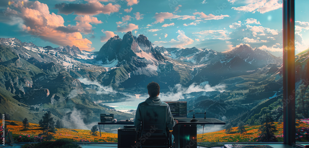 Leinwandbilder Rear view. A software developer, working at his computer coding software surrounded by a beautiful landscape. Generative AI.