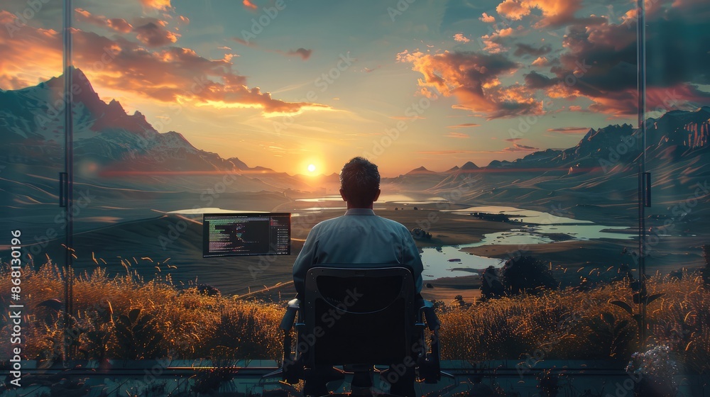 Leinwandbilder Rear view. A software developer, working at his computer coding software surrounded by a beautiful hyperrealistic landscape. Generative AI.