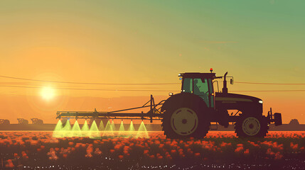 Fototapeta premium irrigation tractor driving spraying or harvesting an agricultural crop at sunset with information infographic data datum as banner design for agriculture industry and food supply production concepts
