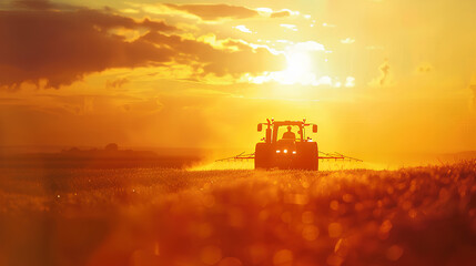 Fototapeta premium irrigation tractor driving spraying or harvesting an agricultural crop at sunset with information infographic data datum as banner design for agriculture industry and food supply production concepts