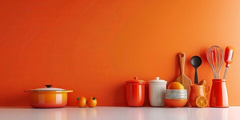 Vibrant Orange Kitchen Utensils Arrangement with Retro Vibes on White Countertop