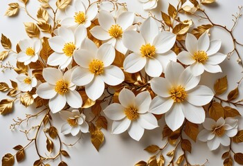 botanical display with clusters of white petals and yellow centers, intertwined with metallic gold vines against a light backdrop.
