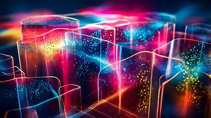 vibrant neon colors, glowing lines and shapes in shades of pink, blue, and yellow, creating a futuristic and dynamic landscape with a sense of depth and movement. abstract background