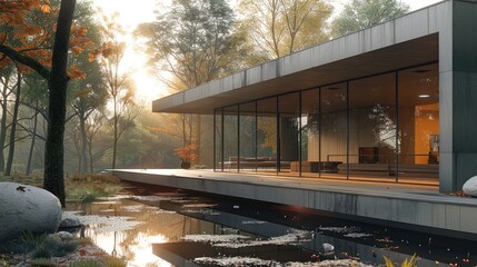 Fototapeta premium Exterior of a minimalist villa, concrete cantilever volumes, wood plank walls, forest environment, sunrise. Generative AI.
