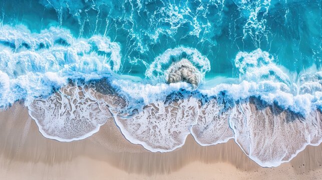 Vibrant light blue wave on sandy beach backdrop