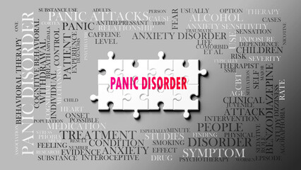 Panic Disorder as a complex subject, related to important topics. Pictured as a puzzle and a word cloud made of most important ideas and phrases related to panic disorder. ,3d illustration