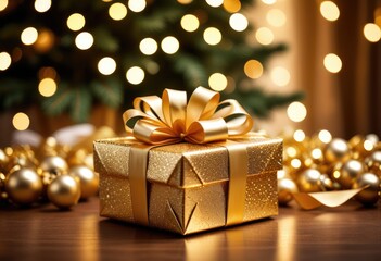 festive holiday scene featuring a shimmering gold present tied with an elegant ribbon, set against the backdrop of a decorated tree bathed in the glow of golden bokeh light effects
