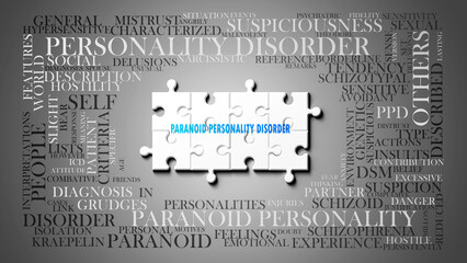 Paranoid Personality Disorder - a complex subject, related to many concepts. Pictured as a puzzle and a word cloud. ,3d illustration