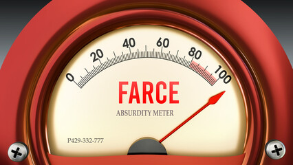 Fototapeta premium Farce and Absurdity Meter that is hitting a full scale, showing a very high level of farce, overload of it, too much of it. Maximum value, off the charts. ,3d illustration