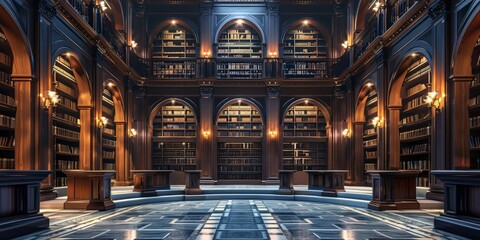 Naklejka premium Grand Neo-Renaissance Library Interior with Ornate Wooden Architecture