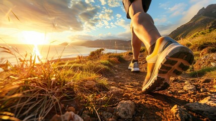 Serene Coastal Morning Run - Close-up of Person Jogging with Sunrise Over Ocean on Scenic Trail
