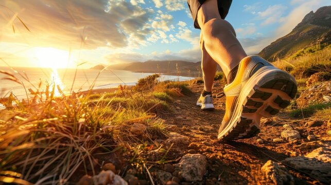 Serene Coastal Morning Run - Close-up of Person Jogging with Sunrise Over Ocean on Scenic Trail