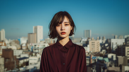 ビル屋上のファッションモデル女性