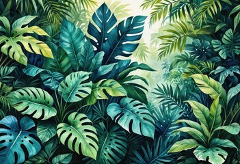 lush, exotic leaves with a watercolor effect, blending shades of green and blue to create a serene and artistic representation of a tropical paradise.