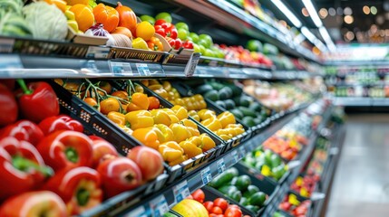 Obraz premium Supermarket shelves are full variety fresh fruit and vegetables background wallpaper AI generated image