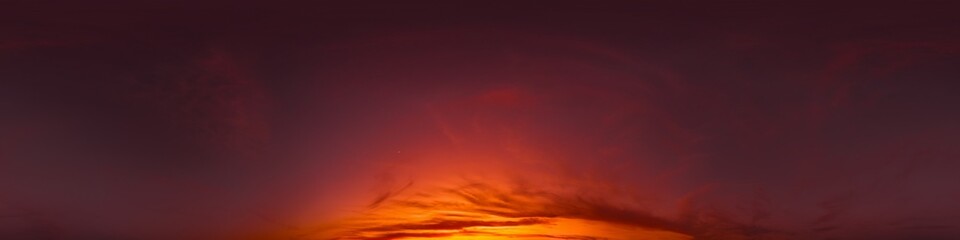 Dark moody twilight Sunset sky 360 panorama with bright glowing red pink Cirrus clouds. HDR 360 seamless spherical panorama. Sky dome for aerial drone panoramas. Climate and weather change