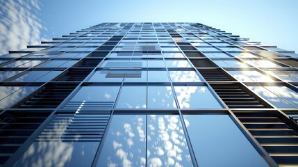 Fototapeta premium modern skyscraper with reflective Bahama shutters, creating a dynamic play of light and shadows