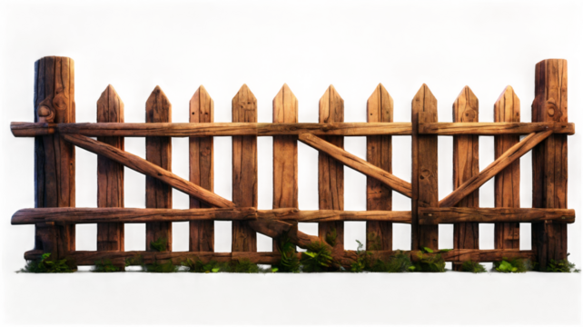 Rustic wooden fence in realistic 3d render with transparent background
