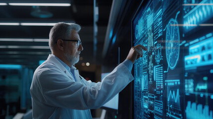 Scientist analyzing data on large digital screen. Concept of advanced research. Modern laboratory background.