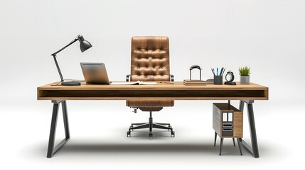 Office Desk with Chair Isolated on White Background

