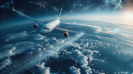 Fototapeta premium An white airplane is flying through the stratosphere, spraying ice particles from its fuselage. The Earth horizon is visible in the distance. Generative AI.