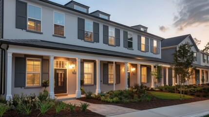 modern townhouse with slate gray Bahama shutters, providing a contemporary edge to the traditional design