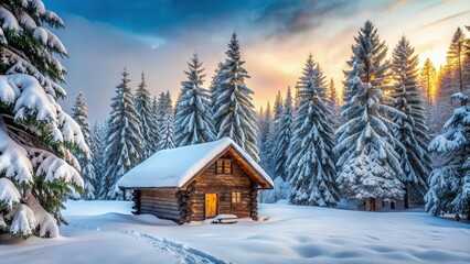 Winter landscape with a cozy wooden hut nestled in a snowy forest , winter, landscape, hut, cabin, snow, cold, cozy, wooden