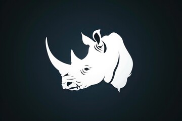 Fototapeta premium A white silhouette logo of a rhino's face, emphasizing its horn and sturdy build, against a dark charcoal background