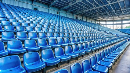 Naklejka premium Stadium with rows of blue seats, sports, arena, seating, event, game, architecture, outdoor, large, empty, grandstand