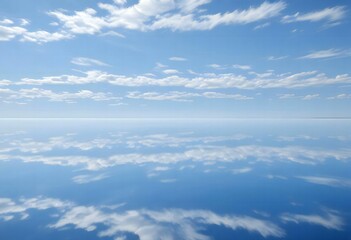 Blue sky with wispy clouds reflected in water,Clean Blue sky Background