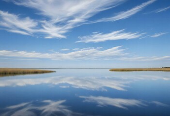 Blue sky with wispy clouds reflected in water,Clean Blue sky Background