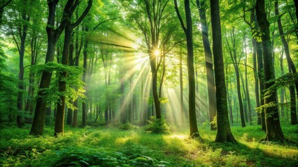 Naklejka premium Lush green forest with sunlight filtering through the leaves, Nature, trees, green, forest, sunlight, leaves