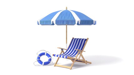 Beach Chair, Blue Beach Umbrella, and Ring Buoy


