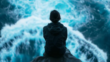 Fototapeta premium Woman Silhouetted Against Ocean Waves.