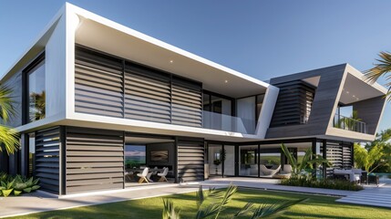 modern villa with sleek graphite Bahama shutters, featuring angular and sharp designs