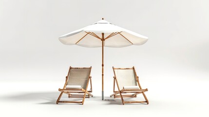 Beach Chairs and Umbrella on White Background: 3D Rendering

