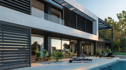 Fototapeta premium modern villa with sleek graphite Bahama shutters, featuring angular and sharp designs