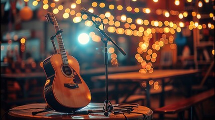 A stage with a spotlight on an acoustic guitar and microphone, empty marquee sign with twinkling lights in the background, bokeh effect. Generative AI.