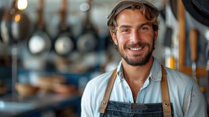Portrait of a smiling male plumber standing confidently indoors. Generative AI.