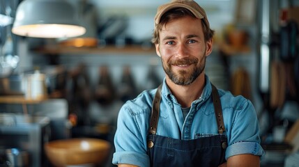 Portrait of a smiling male plumber standing confidently indoors. Generative AI.